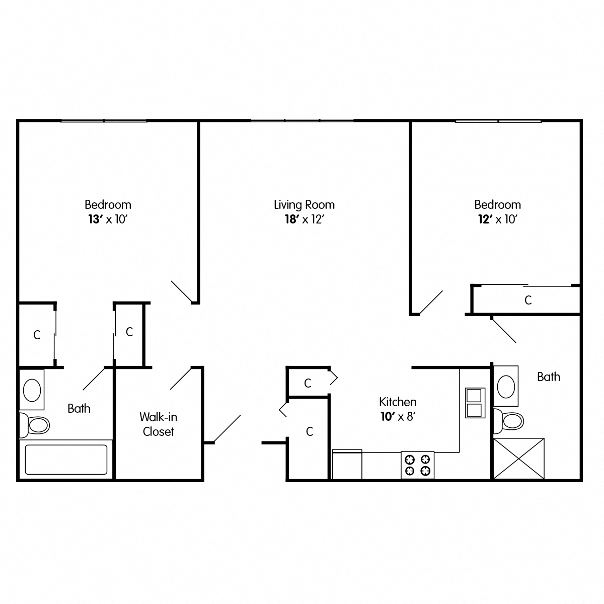 Floor plan for 2 beds, 2 baths, 946 sqft